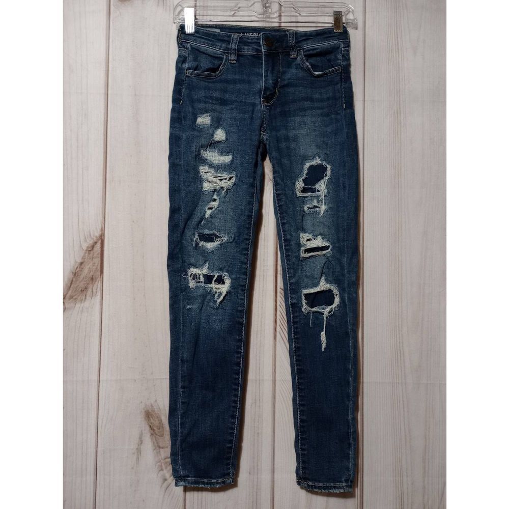 American Eagle Jeans Ladies 00 Short Skinny Mid Rise Distressed‎